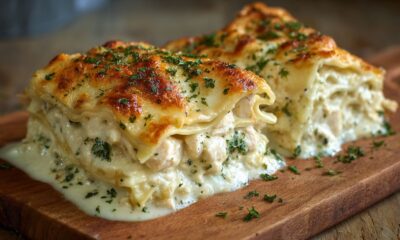 Minha mãe fez essa lasanha de frango com molho branco no almoço e agora eu quero comer todo dia