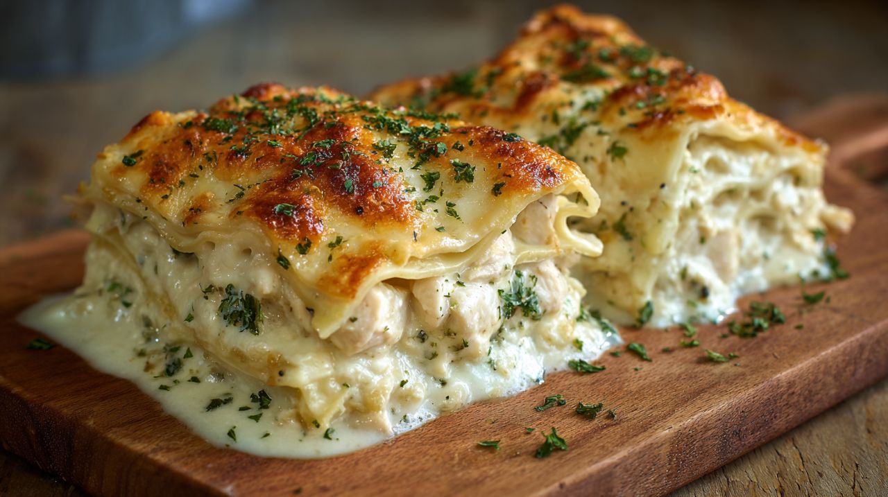 Minha mãe fez essa lasanha de frango com molho branco no almoço e agora eu quero comer todo dia