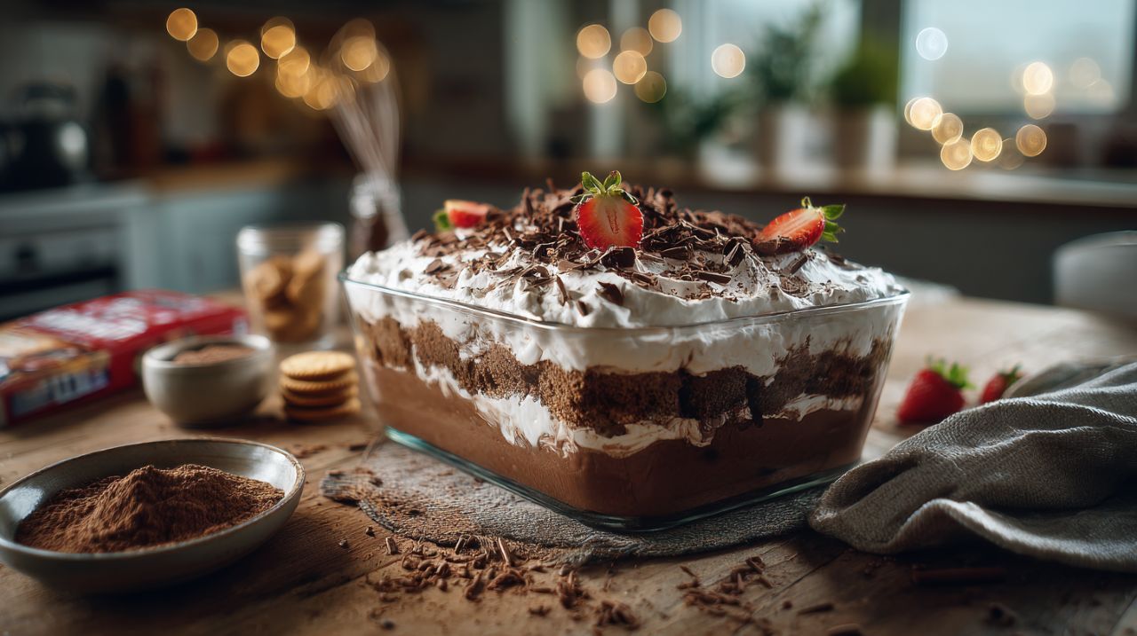 Misture biscoito, chocolate e leite para fazer um bolo de pudim sem forno pronto em minutos