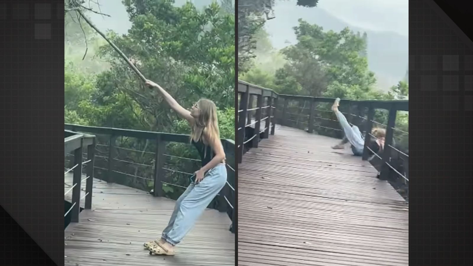 Jovem cai de deck ao tentar puxar galho seco e vídeo viraliza nas redes