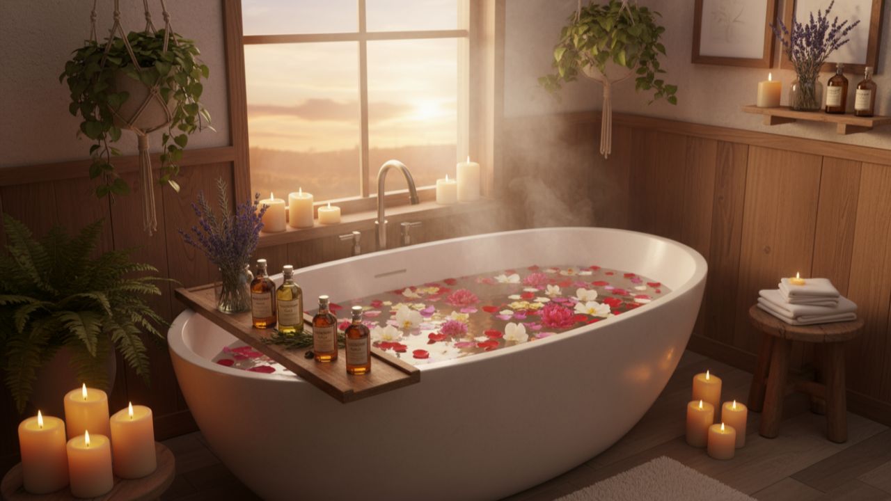Banho relaxante com óleos e ervas que transforma seu fim de dia em puro alívio