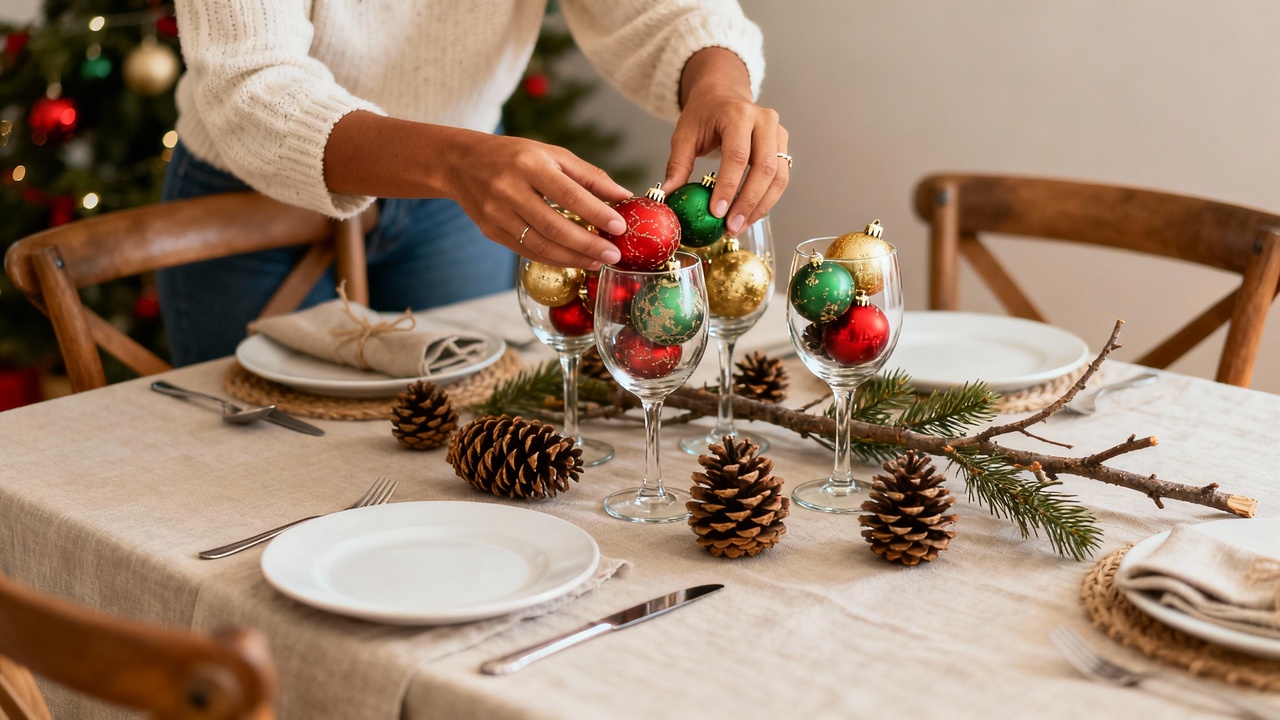 Uma mesa de Natal simples transforma a ceia com cores clássicas e detalhes naturais