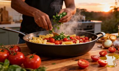 Uma receita natalina de massa com um molho fresco de tomate-cereja