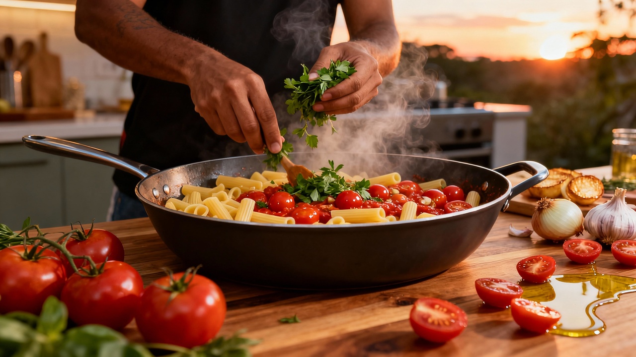 Uma receita natalina de massa com um molho fresco de tomate-cereja