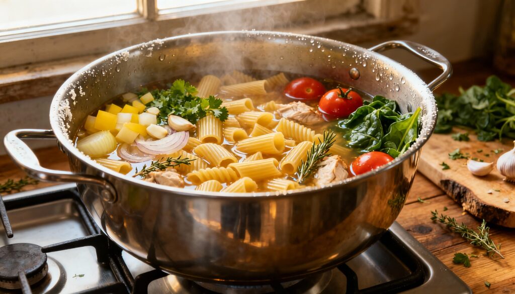 Receita de macarrão de uma panela que fica pronto em 12 minutos