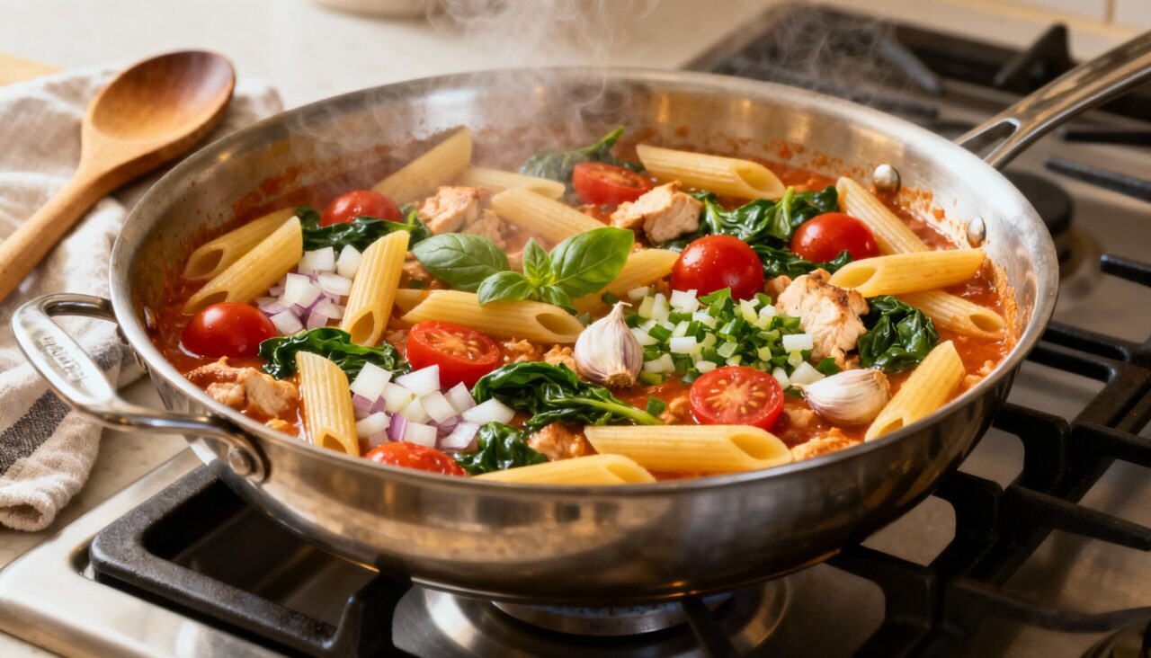 Receita de macarrão de uma panela que fica pronto em 12 minutos