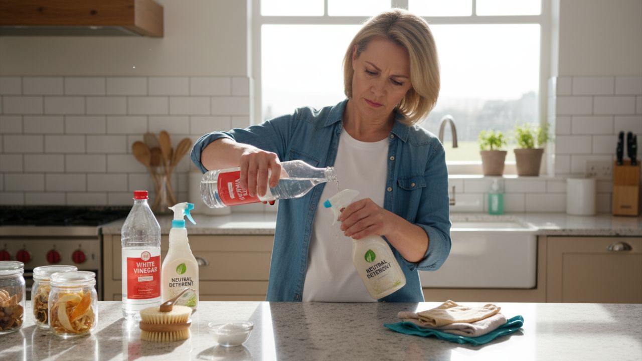 Essa mistura caseira com vinagre e detergente remove sujeira, elimina odores e deixa o piso brilhando
