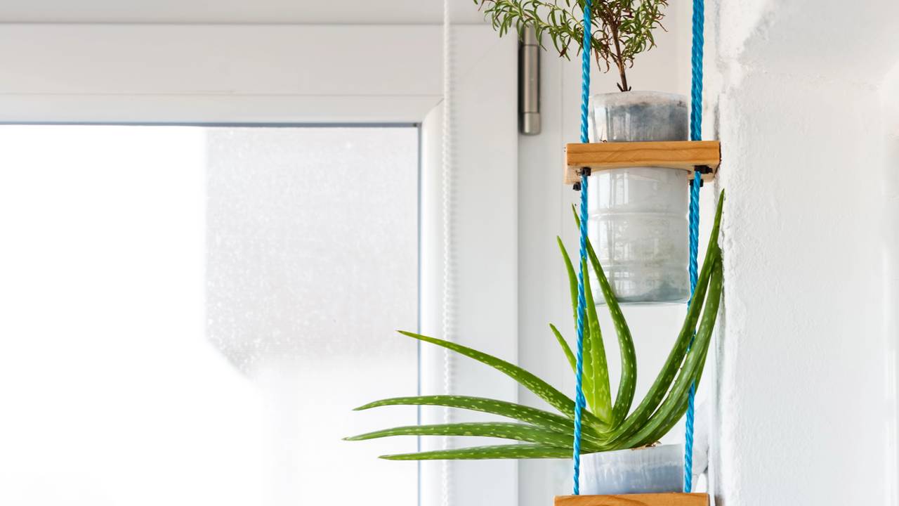 Montei um suporte de plantas suspenso com corda e ganchos