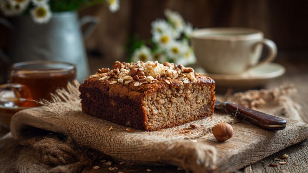 Receita de bolo de banana com aveia e canela pronto em minutos, perfeito para café da manhã ou lanche nutritivo.