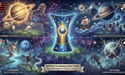 Ilustração astrológica de clubes cariocas, planetas, zodíaco, troféu, texto: 'ASTROS DO BRASILEIRÃO 2026'.
