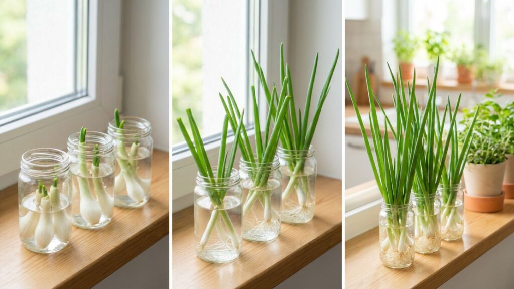 O jeito mais fácil de plantar cebolinha e ver brotar rápido usando potes de vidro em casa