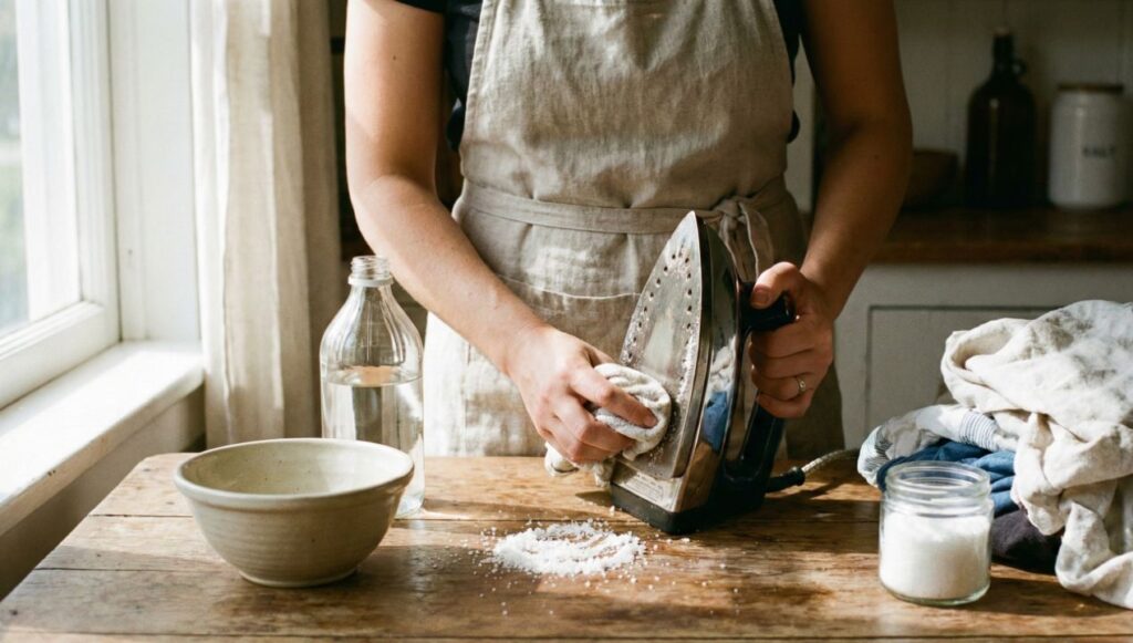 Mistura caseira poderosa com sal e vinagre consegue limpar ferro de passar queimado em poucos minutos