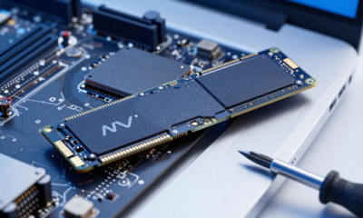 Drive SSD moderno sendo instalado em um computador: a solução definitiva para eliminar a lentidão e garantir velocidade máxima de processamento através de um upgrade simples de hardware.