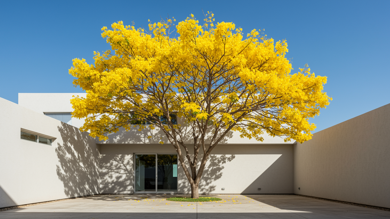 Uma árvore plantada pequena hoje protege a casa do sol com lindas flores