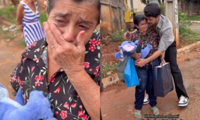 filho que vive em Londres surpreende mãe e reencontro viraliza