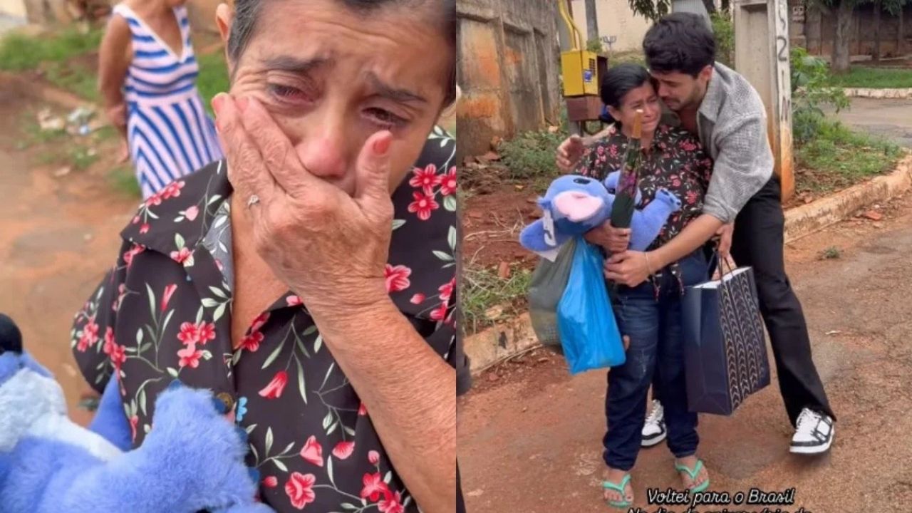 filho que vive em Londres surpreende mãe e reencontro viraliza