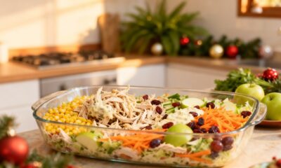 Essa salada de Natal com frango desfiado rende muito e combina com toda a ceia