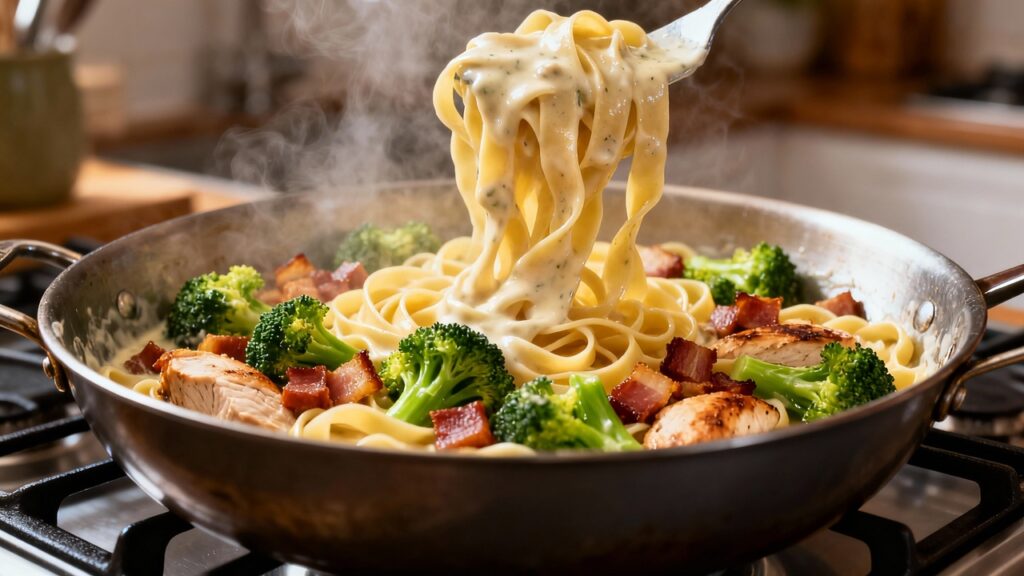 Macarrão com brócolis e bacon cremoso facilita o jantar com prato completo e molho encorpado