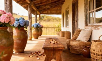 Hortênsias e sempre-vivas combinam perfeitamente com o estilo rústico e deixam a casa mais acolhedora