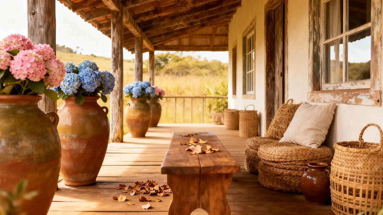 Hortênsias e sempre-vivas combinam perfeitamente com o estilo rústico e deixam a casa mais acolhedora