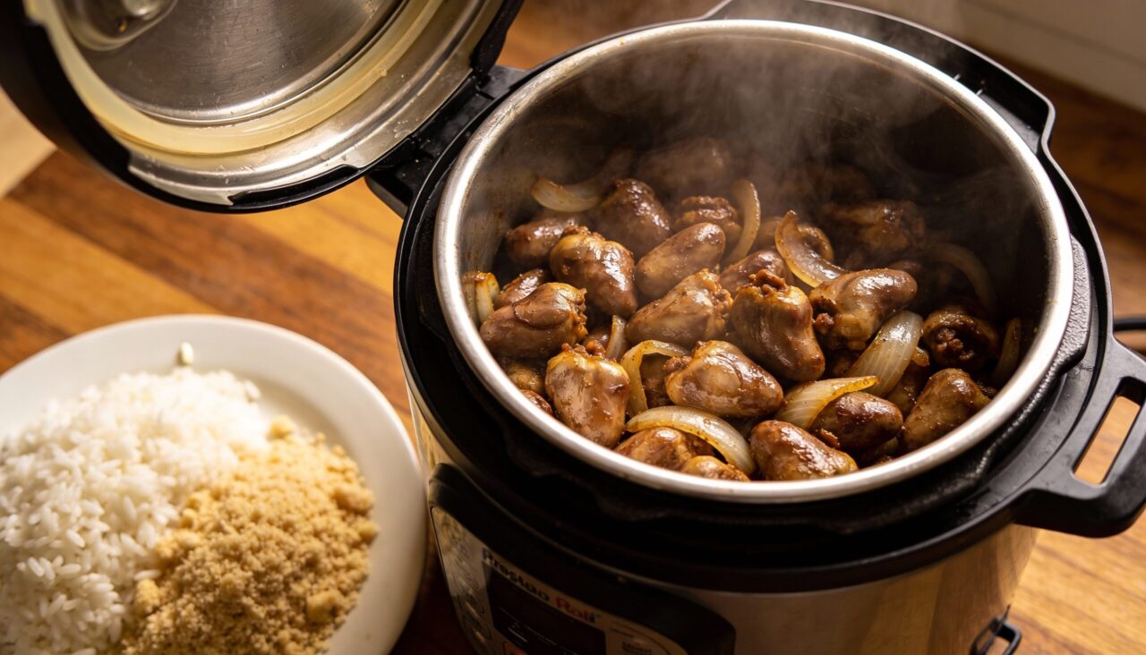 Coração de frango na panela de pressão, receita caseira fácil e saborosa.