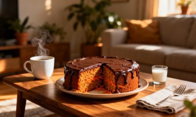 Bolo de cenoura fofinho com cobertura de chocolate para o café da tarde
