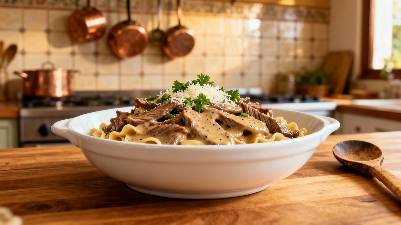 Estrogonofe clássico com carne macia e molho cremoso