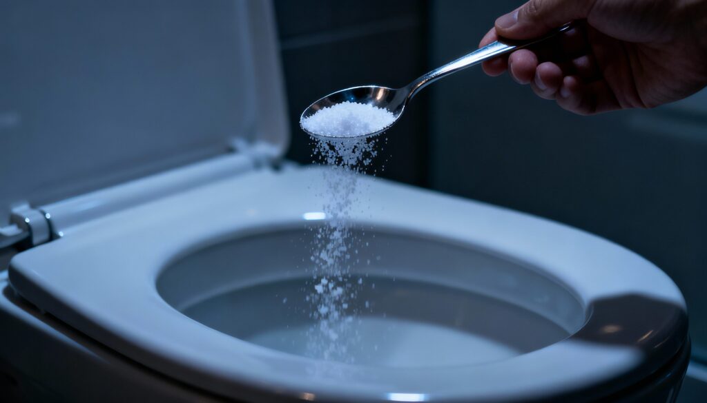 Foto hiper-realista mostrando apenas a mão de uma pessoa segurando uma colher de inox com sal fino, despejando o sal dentro do vaso sanitário aberto. O foco deve estar nos grãos de sal caindo da colher, com textura visível. O banheiro deve ser moderno e minimalista, com iluminação suave noturna, criando a sensação de rotina antes de dormir. Mostrar somente parte da mão, da colher e a borda interna do vaso sanitário, sem mostrar o rosto da pessoa. Tons neutros, luz suave, ambiente limpo e realista. Sem textos, sem rótulos, sem exageros estéticos."