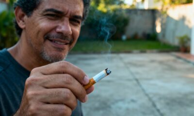 Representação do organismo humano destacando os benefícios de parar de fumar, como respiração melhor, mais energia e redução do risco cardiovascular.