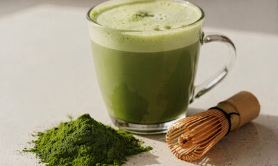 Bebida de matcha verde vibrante, ingrediente natural ligado a rotinas de beleza, equilíbrio emocional e estilo de vida saudável.