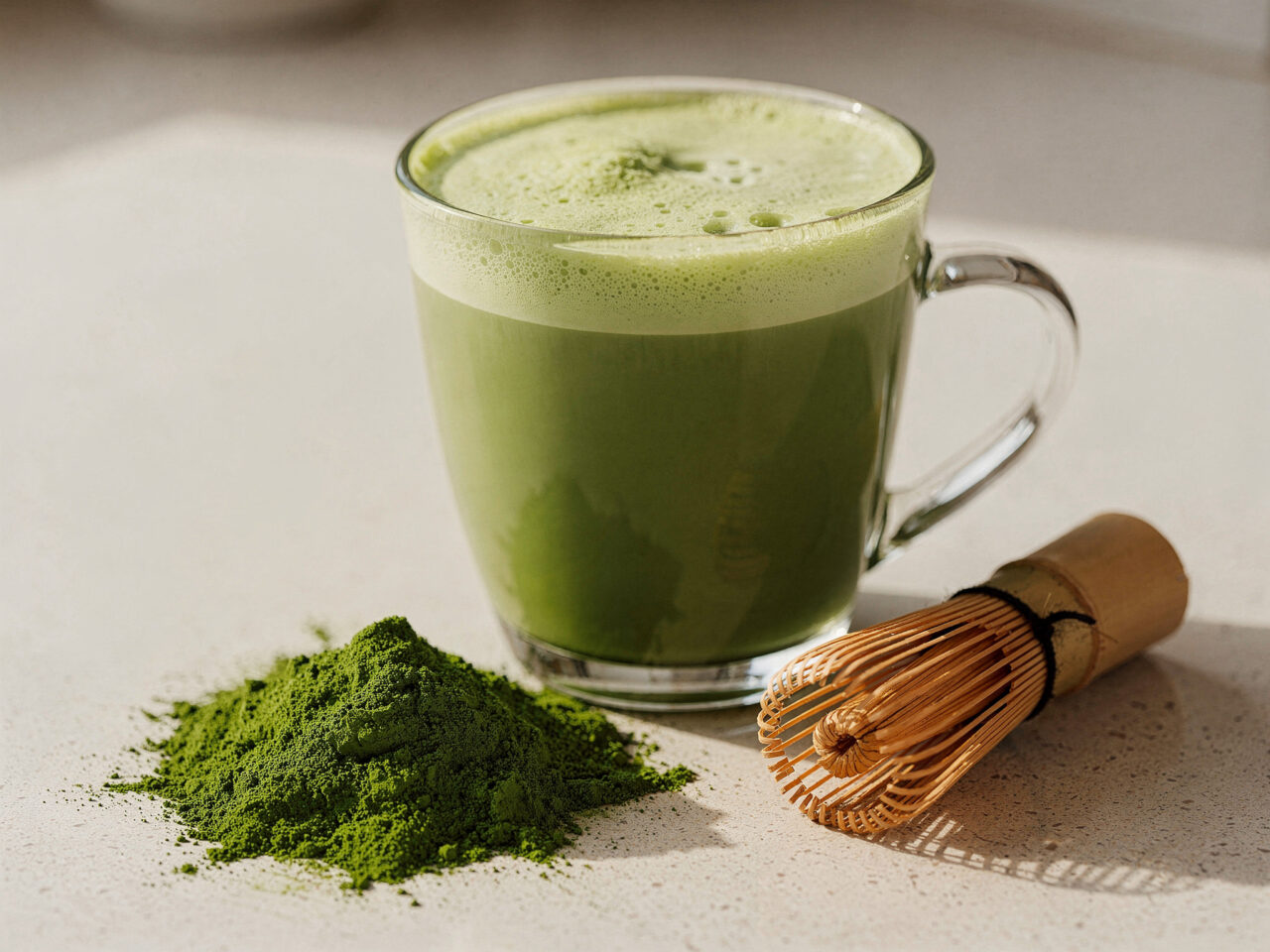 Bebida de matcha verde vibrante, ingrediente natural ligado a rotinas de beleza, equilíbrio emocional e estilo de vida saudável.