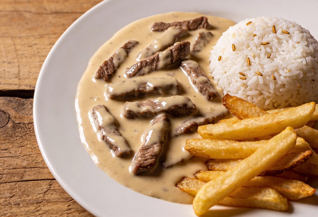 Entre os pratos mais presentes na mesa do brasileiro, o estrogonofe de carne ocupa lugar fixo. A combinação de tirinhas de carne macia com um molho encorpado e cremoso costuma agradar diferentes paladares e se adapta bem tanto ao dia a dia quanto a ocasiões especiais, com ingredientes simples e preparo rápido, sem exigir técnicas complexas de cozinha. O que torna o estrogonofe de carne clássico tão popular A popularidade do estrogonofe de carne clássico se explica, em grande parte, pela combinação de praticidade e sabor marcante. A receita utiliza cortes de carne acessíveis, como alcatra ou chã de dentro, e permite variações sem perder a essência, mantendo um custo relativamente baixo. Outro ponto que contribui é a facilidade de servir, pois o prato harmoniza com acompanhamentos simples, o que reduz o tempo de preparo da refeição completa. Além disso, a textura suave agrada tanto crianças quanto adultos, ajudando a manter a receita presente nas cozinhas domésticas e em cardápios de restaurantes. Como fazer estrogonofe de carne cremoso passo a passo Para preparar um estrogonofe de carne cremoso, o primeiro cuidado está na escolha e no corte da carne. Cortes como filé mignon, alcatra ou chã de dentro costumam garantir maciez quando fatiados em tirinhas finas, facilitando o cozimento rápido e uniforme. Em seguida, entra a etapa de fritura das tirinhas em pequenas porções, em óleo bem quente, para dourar a superfície e manter o interior macio. Assim, a carne não solta líquido em excesso, preservando a textura, o sabor e a cremosidade do molho que será preparado na mesma panela. Ver essa foto no Instagram Uma publicação compartilhada por Arthur Paek (@arthurpaek) Quais são os ingredientes do estrogonofe de carne clássico A receita tradicional de estrogonofe de carne se baseia em poucos ingredientes, mas a combinação entre eles gera um molho equilibrado. A carne bem escolhida e temperada se une ao creme de leite, ao ketchup, ao extrato de tomate e à mostarda, resultando em um prato marcante. Para facilitar o preparo, a seguir está uma versão estruturada da receita com os itens principais utilizados na carne e no molho cremoso. Essa organização ajuda a separar as etapas e torna o processo mais prático na hora de cozinhar. Carne em tiras (filé mignon, alcatra ou chã de dentro), temperada com sal, pimenta e cominho; Cebola ralada para o refogado e óleo quanto baste para fritar as tiras; Creme de leite, ketchup, extrato de tomate e mostarda para formar o molho; Ajustes opcionais de tempero, como pimenta-do-reino ou ervas frescas, conforme o gosto. Ingredientes para a carne 400 g de carne em tiras (filé mignon, alcatra ou chã de dentro) Sal a gosto Pimenta a gosto Cominho a gosto 1/2 cebola ralada Óleo quanto baste para fritar Ingredientes para o molho cremoso 1 caixa e meia de creme de leite 3 colheres (sopa) de ketchup 3 colheres (sopa) de extrato de tomate 1 colher (sopa) de mostarda Modo de preparo detalhado Preparar e temperar a carne Cortar a carne em tirinhas de tamanho semelhante para garantir cozimento por igual. Temperar com sal, pimenta e cominho, misturando bem para envolver todas as tiras. Deixar descansar por cerca de 20 minutos, em local refrigerado, para potencializar o sabor. Dourar as tirinhas Aquecer óleo suficiente em uma panela larga, em fogo médio a alto. Colocar de 7 a 8 tirinhas por vez, evitando amontoar, e dourar rapidamente. Retirar cada leva assim que a carne estiver levemente dourada, para não ressecar. Reservar todas as tiras fritas em um recipiente separado. Preparar a base do molho Descartar o excesso de óleo da panela e deixar apenas uma fina camada. Adicionar a cebola ralada e refogar em fogo médio, mexendo, até dourar. Voltar todas as tirinhas de carne para a panela, misturando com a cebola. Finalizar o molho cremoso Acrescentar o creme de leite, o ketchup, o extrato de tomate e a mostarda. Misturar bem até formar um molho uniforme, envolvendo toda a carne. Deixar ferver em fogo baixo por alguns minutos, mexendo, até atingir a cremosidade desejada. O guia completo do estrogonofe de carne ideal para famílias - Créditos: (depositphotos.com / ws-studio) Como servir estrogonofe de carne de maneira equilibrada O modo de servir o estrogonofe tradicional influencia diretamente na experiência à mesa e no equilíbrio nutricional do prato. A combinação mais comum inclui arroz branco e batata palha, em porções moderadas, para evitar que o prato fique pesado em excesso. Para tornar a refeição mais completa, algumas pessoas acrescentam saladas simples, como folhas verdes ou legumes cozidos, que trazem contraste de textura e cor. Em almoços em família, o estrogonofe costuma ser servido em travessas aquecidas, facilitando que cada pessoa se sirva conforme a preferência, seja em refeições do dia a dia ou em ocasiões especiais em 2025.