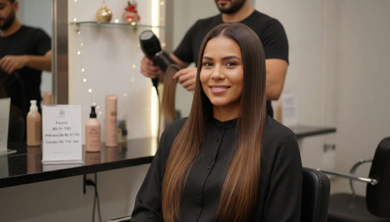 Escova e hidratação no salão de beleza em época de festas.