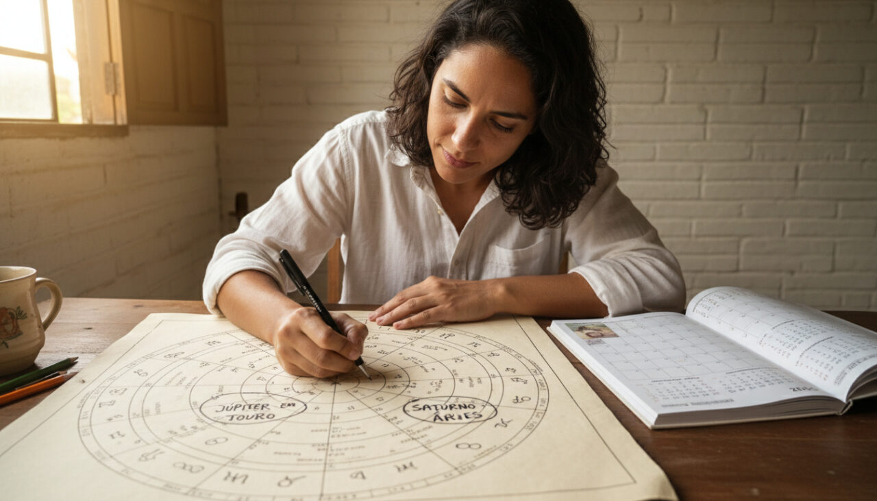 Mapa astrológico simbolizando os signos mais alinhados com os astros em 2026, com destaque para planejamento, estrutura e crescimento.