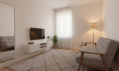 Decoração de sala pequena com sofá compacto, cores claras, espelhos e móveis multifuncionais que favorecem a circulação.