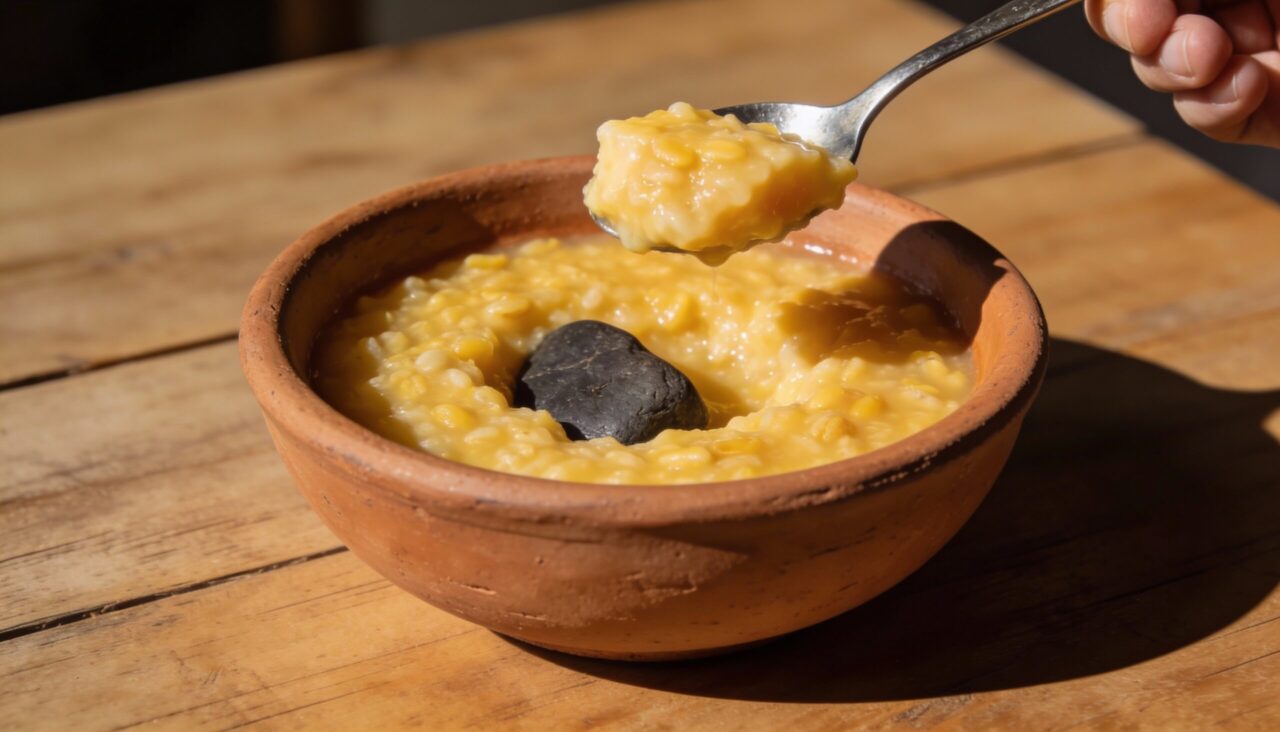 Angu com caroço ilustrando a origem do ditado popular brasileiro “tem caroço nesse angu”, associado à suspeita e desconfiança.