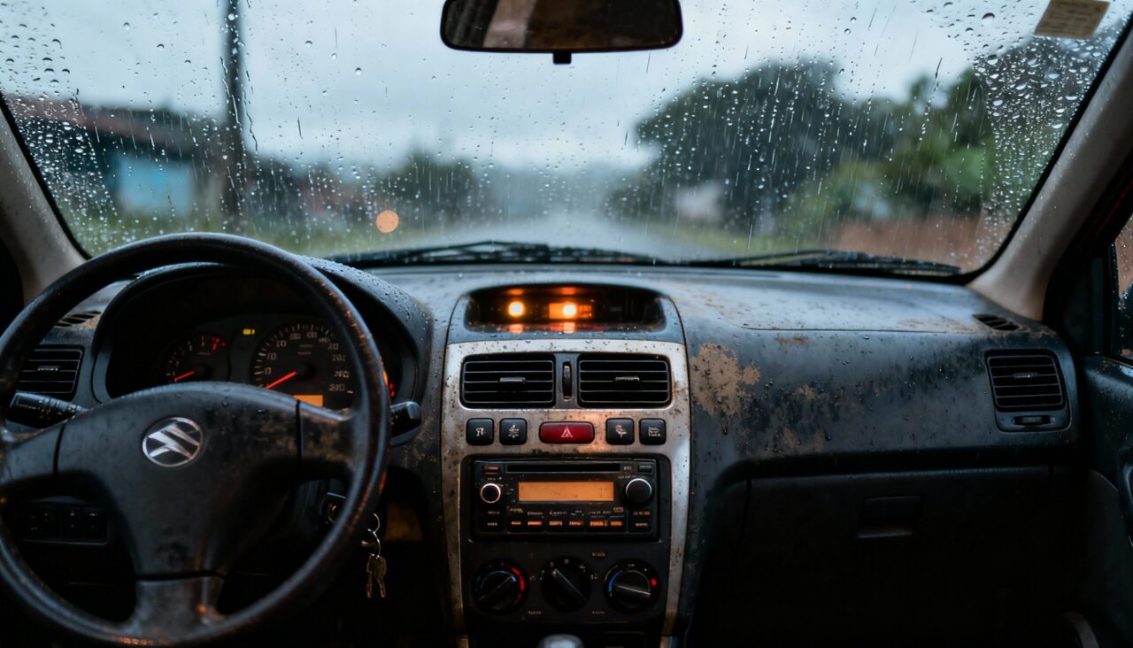 Símbolos do painel do carro indicando limpador de para-brisa, faróis e desembaçador.