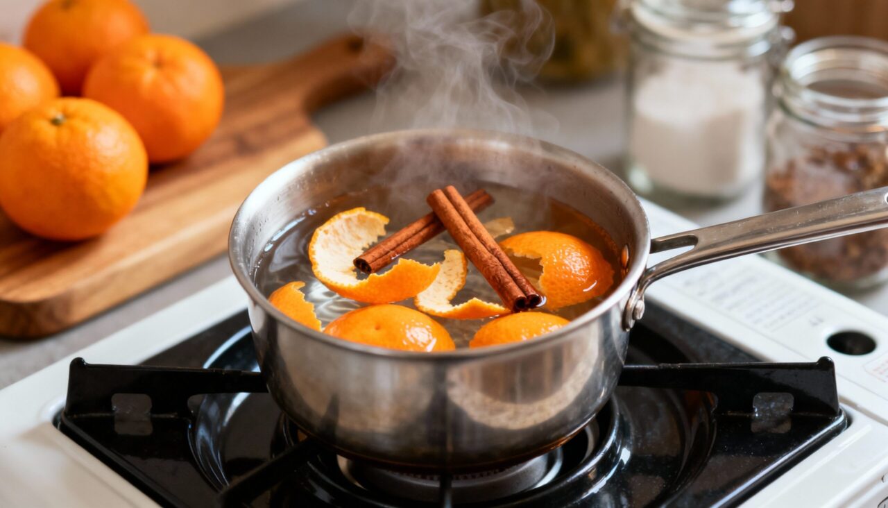 Casca de tangerina fervida com canela perfuma a casa sem químico nenhum