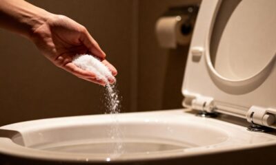 Foto hiper-realista mostrando apenas a mão de uma pessoa segurando uma colher de inox com sal fino, despejando o sal dentro do vaso sanitário aberto. O foco deve estar nos grãos de sal caindo da colher, com textura visível. O banheiro deve ser moderno e minimalista, com iluminação suave noturna, criando a sensação de rotina antes de dormir. Mostrar somente parte da mão, da colher e a borda interna do vaso sanitário, sem mostrar o rosto da pessoa. Tons neutros, luz suave, ambiente limpo e realista. Sem textos, sem rótulos, sem exageros estéticos."