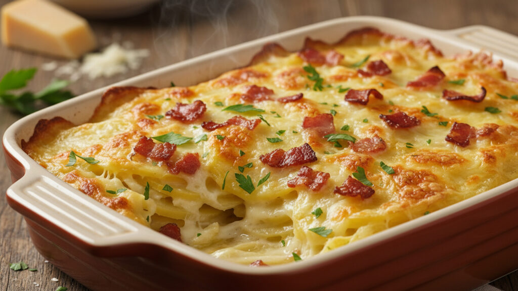 Receita de batata gratinada com parmesão e bacon vira destaque na mesa da família