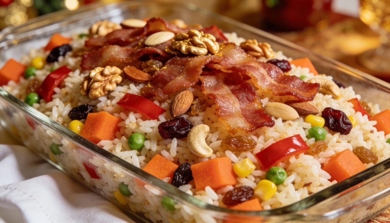 Arroz natalino completo com frutas secas e ingredientes crocantes.