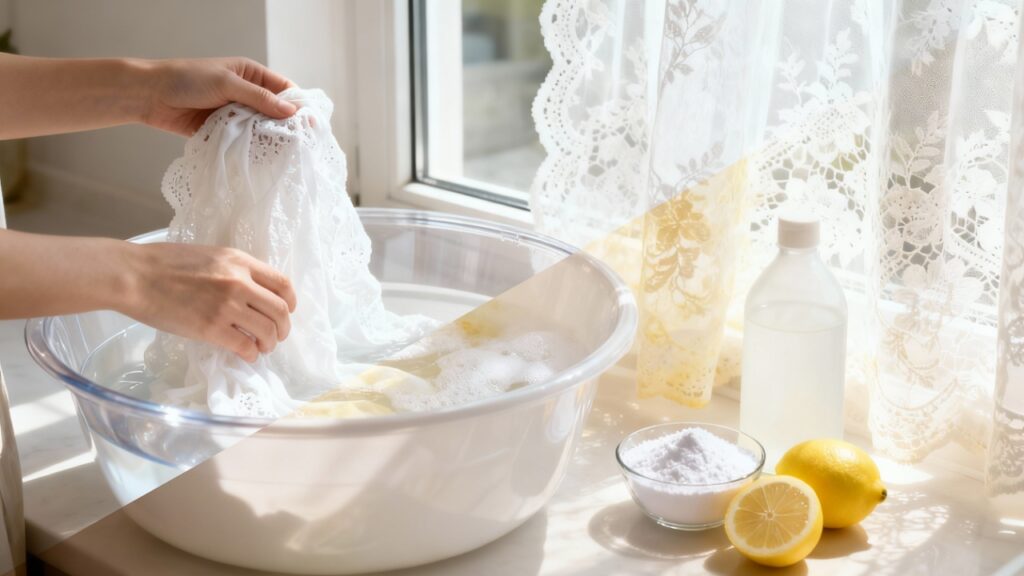Essa mistura simples deixa a cortina de renda branca como nova