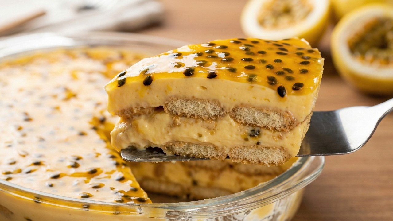 Receita fácil de pavê de maracujá com mousse e cobertura azedinha