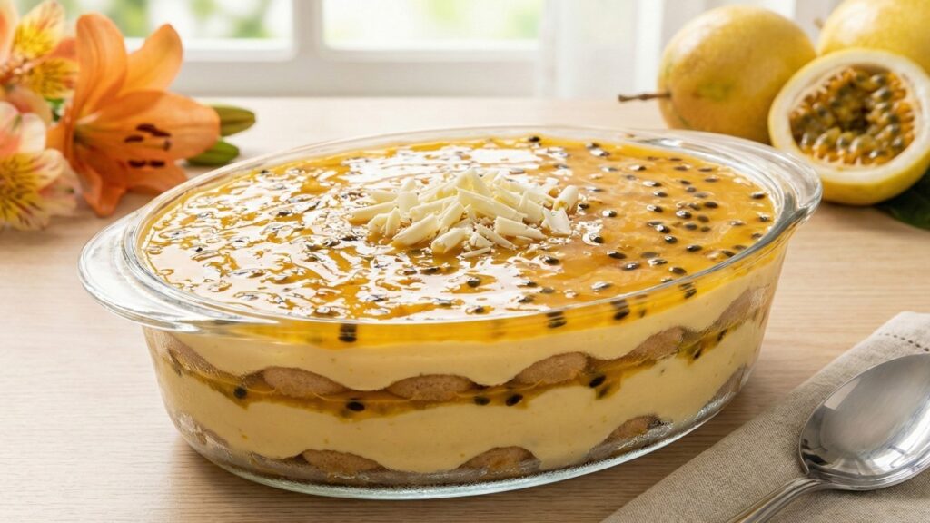 Receita fácil de pavê de maracujá com mousse e cobertura azedinha