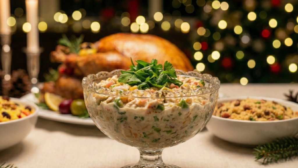 Essa salada de Natal com frango desfiado rende muito e combina com toda a ceia