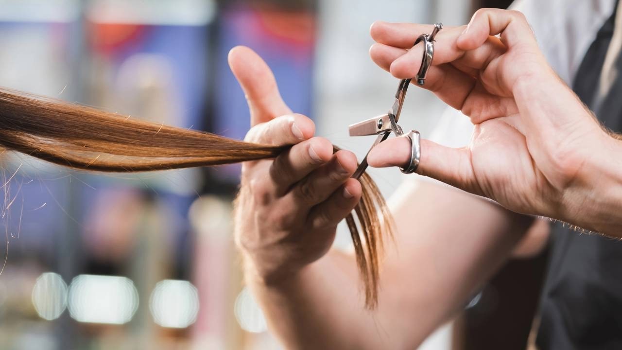Close-up de mãos de cabeleireiro cortando mecha de cabelo castanho com tesoura prateada.