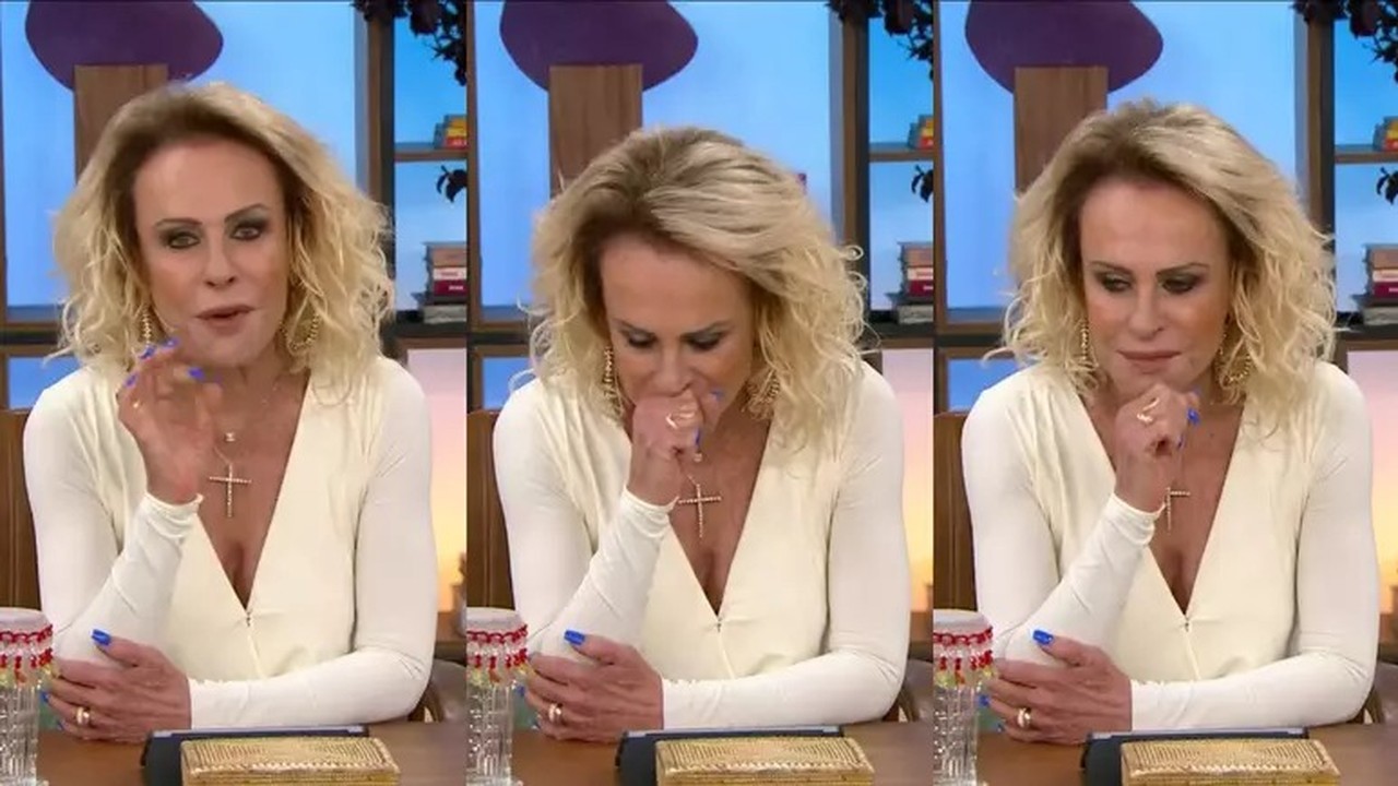 Ana Maria Braga em três poses: falando, com mão na boca, e pensativa no estúdio.