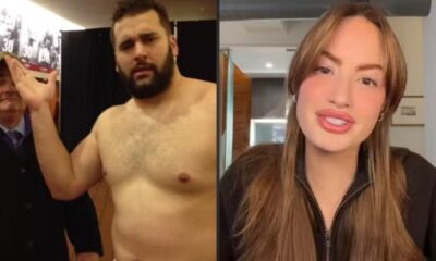 Divisão de tela com homem barbudo sem camisa e mulher de cabelos longos falando.