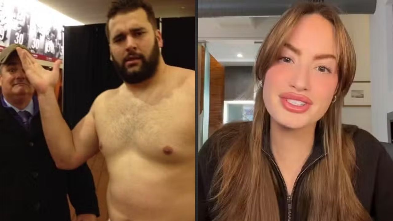 Divisão de tela com homem barbudo sem camisa e mulher de cabelos longos falando.