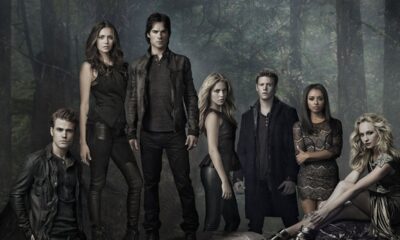 O elenco de The Vampire Diaries posa em floresta, com Nina Dobrev, Ian Somerhalder e Paul Wesley.